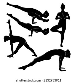 A set of isolated vector silhouette illustrations of a fit young lady doing yoga and exercising for a healthy lifestyle on a white backdrop for graphic t-shirts, icons, web, posters, and prints.