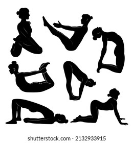 A set of isolated vector silhouette illustrations of a fit young lady doing yoga and exercising for a healthy lifestyle on a white backdrop for graphic t-shirts, icons, web, posters, and prints.
