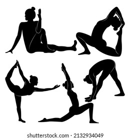 A set of isolated vector silhouette illustrations of a fit young lady doing yoga and exercising for a healthy lifestyle on a white backdrop for graphic t-shirts, icons, web, posters, and prints.