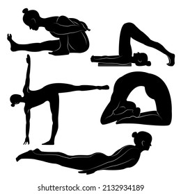 A set of isolated vector silhouette illustrations of a fit young lady doing yoga and exercising for a healthy lifestyle on a white backdrop for graphic t-shirt, icon, web, poster, and print.