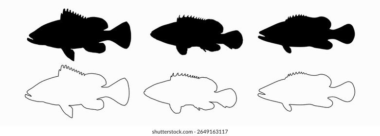 Set of isolated vector silhouettes of Grouper fish. Goby fish.set of vector silhouette on isolated white background.Grouper fish side view.