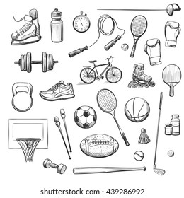 
A set of isolated vector sketches relating to sport . Sports equipment on a white background