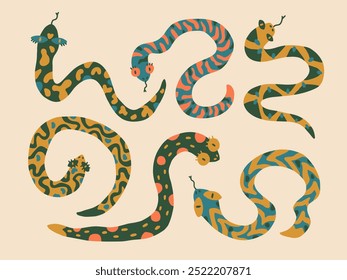 Set of isolated vector snakes. Illustration of symbol 2025. Year of the snake, animal zodiac. Cartoon collection. Childish funny style. Chinese new year concept. Design element. Print, textile pattern
