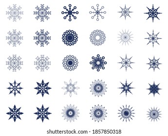 A set of isolated vector snowflakes for design. Symbol of snow, holiday, cold, frost. Winter design element.