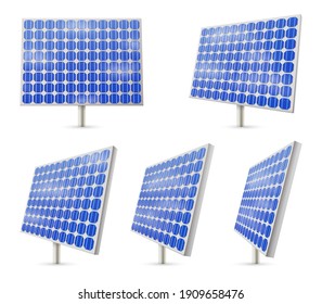 Set of isolated vector solar panel or blue energy resource. Green electricity generation technology, alternative sun power conservation. Modern electric system cell. Sunlight renewable equipment