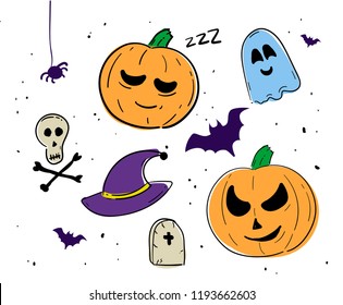 Set of isolated vector spooky and cute halloween illustrations 