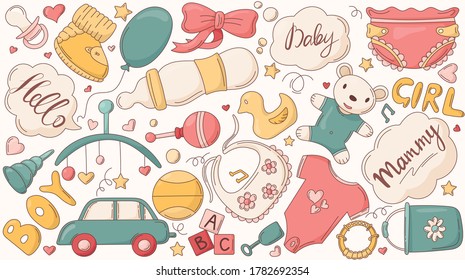 Ilustración vectorial del patrón de bebé de dibujos animados con cosas para un recién nacido.