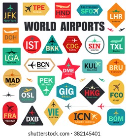 Set Of Isolated Vector Tags With World Airport Codes. Mix Of Airplane Labels. Vector Illustration For Travelers: Famous Airport Abbreviations On White