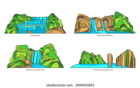 Conjunto de vectores aislados Tailandia o paisajes naturales asiáticos. Cascada tailandesa Erawan y caída Haew Suwat, parque nacional Khlong Lan y Ao Phang Nga. Símbolo asiático de turismo y signo al aire libre asiático