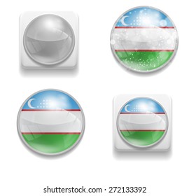 Set Isolated Vector Uzbekistan flag is made in form of realistic volume glass button plastic-based on white background for brochures, printed materials, element, web site, Illustration, Image, Icon