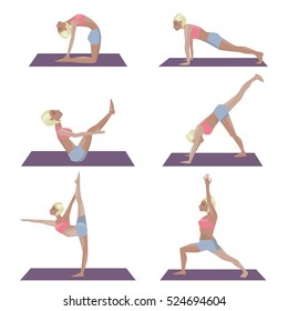 Set of isolated vector yoga poses. Young women instructor doing stretching exercises. Flat vector illustration. Blonde girl yogun performs yoga pose