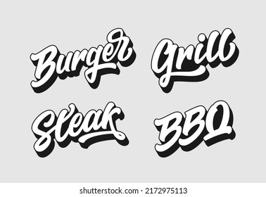 Set of isolated vectors – Burger, Steak, Grill, BBQ. Hand drawn lettering typography, text design element for label, logo, emblem, menu, sticker, badge. Concept for meat restaurant, barbecue bar.