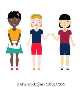 Set of isolated vectors on white background. Three girls of different race - african-american, caucasian and azian in bright colorful clothing.