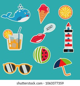 Set of isolated vectors vacation theme on blue background. Great for stickers and cards.