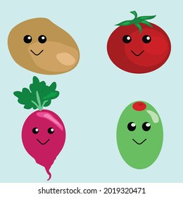 Conjunto de verduras aisladas al estilo de las caricaturas. Verduras divertidas con expresiones sonrientes o caras. Ilustración vectorial. Vectores de papa, tomate, rábano rojo y olivo.