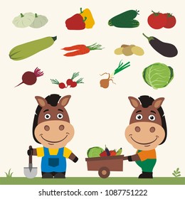 Set of isolated vegetables: squash, peppers, cucumbers, tomatoes, zucchini, carrots, potatoes, eggplant, beet, radish, cabbage, onion. Two funny horses farmers.