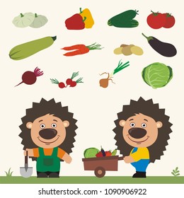 Set of isolated vegetables: squash, peppers, cucumbers, tomatoes, zucchini, carrots, potatoes, eggplant, beet, radishes, cabbage, onion. Two funny hedgehogs farmers.