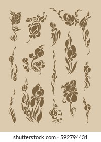 A set of isolated vegetation silhouette objects on a light background.
The stylized buds and leaves of irises, roses and gladioli. Corner ornament of flowers and an ornament in the band.