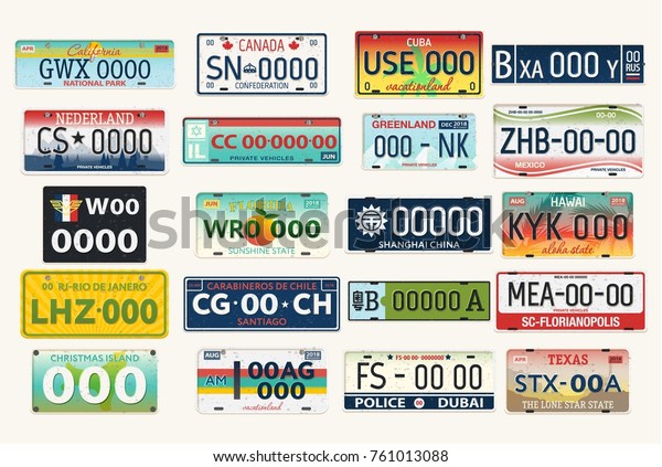 Set of isolated vehicle registration plates. Auto\
or car, automobile numbers for usa and canada, russia and\
netherland, israel and mexico, china and dubai. Automobile\
identifier, driving travel\
theme