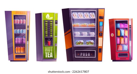 Set of isolated vending machine with snack, candy and tea vector cartoon illustration. Dispenser device sell soda, water and healthy lunch. Push button to receive salad, sandwich or cookies.