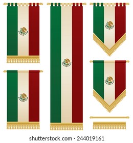 set of isolated vertical hanging mexican flag banners with gold fringing