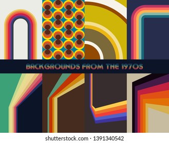 Set of Isolated Vintage Background, Covers, Patterns from the 1970s, Retro Colors and Shapes