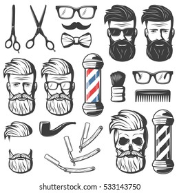 Set of isolated vintage barber hipster emblem elements with barbershop professional tools blades and male head vector illustration