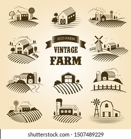 Set of isolated vintage eco farms, landscapes, labels for natural farm products. Farm House concept collection. Retro woodcut style vector illustration