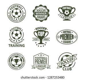 Set of isolated vintage european football signs. Retro emblems with ball and ribbon, cup or trophy for soccer club. Logo for national tournament or team, training club. Sport and competition theme