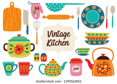 set of isolated vintage kitchen utensils part 1 - vector illustration, eps