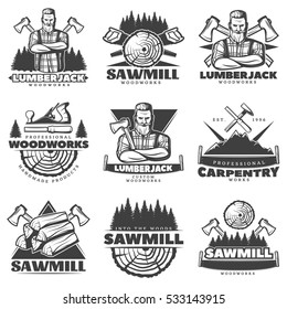 Set of isolated vintage lumberjack labels with small retro style carpentry woodworks compositions with decorative text vector illustration