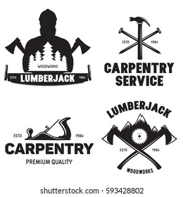 Set of isolated vintage lumberjack labels with small retro style carpentry woodworks compositions with decorative text vector illustration on white background.