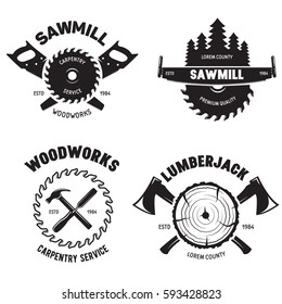 Set of isolated vintage lumberjack labels with small retro style carpentry woodworks compositions with decorative text vector illustration on white background.