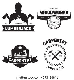 Set of isolated vintage lumberjack labels with small retro style carpentry woodworks compositions with decorative text vector illustration on white background.