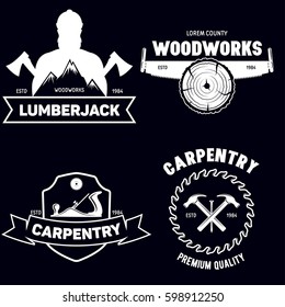 Set of isolated vintage lumberjack labels with small retro style carpentry woodworks compositions with decorative text vector illustration on white background.