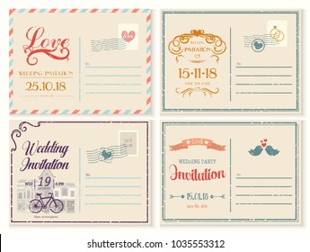 Set of isolated vintage or retro wedding invitation card. Married couple ceremony invitation blank or empty, clear paper. Family celebration, love and relationship, husband and wife, bridal theme