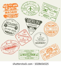 Set Of Isolated Visa Passport Stamps Of Arriving To Spain, Portugal, Italy, Australia, Germany, Ireland, France, Norway, Austria New Zeland Greece