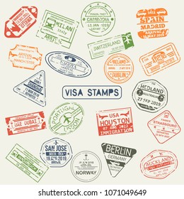 Set of isolated visa passport stamps of arriving to Ottawa, UAE, Switzerland, Japan, UK, Australia, USA China, Spain, Portugal, Italy, Australia, Germany Ireland France Norway Austria Greece