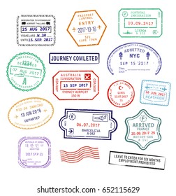 Set Of Isolated Visa Passport Stamps For Travel To United Kingdom Heathrow Airport, Singapore Or New York City In USA, Sydney City In Australia Or France. Tourism Sign, Arrival Document, Airport Stamp