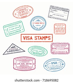 Set Of Isolated Visa Passport Stamps Of Arriving London In United Kingdom, Moscow City In Russia, United States Or USA, New Zealand And India, Korea, Malaysia. Tourism, Travel, Airport Theme