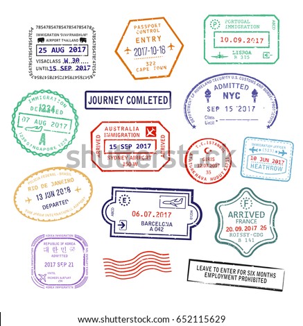 Set of isolated visa passport stamps for travel to United Kingdom heathrow airport, Singapore or New York city in USA, Sydney city in Australia or France. Tourism sign, arrival document, airport stamp