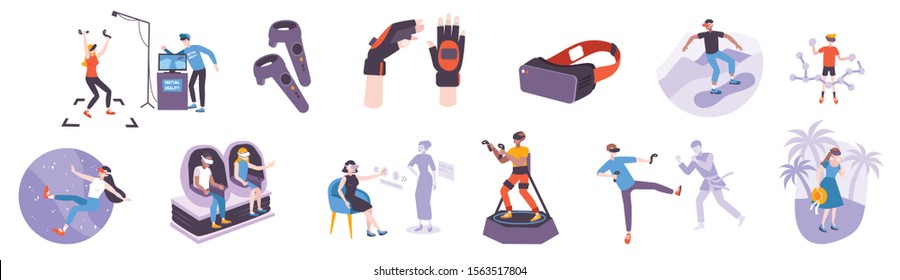 Set with isolated vr people flat doodle style characters with silhouettes of virtual neighbourhoods and wearable gadgets vector illustration - Shutterstock ID 1563517804