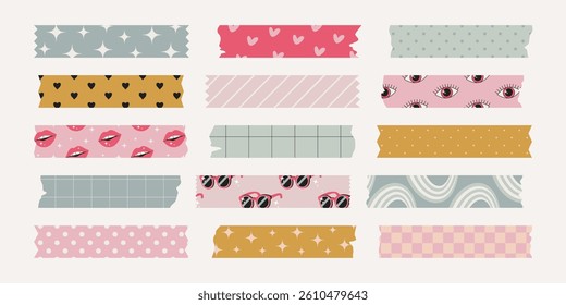 Set of isolated washi tape stripes, sticky duct tapes with different ornaments, patterns. Cute girly elements with ripped edges on white background. Vector bundle for scrapbooking, collages, planners.
