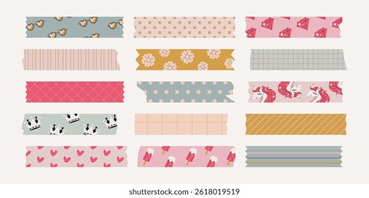 Set of isolated washi tape stripes, sticky duct tapes with different ornaments, patterns. Cute girly elements with ripped edges on background. Vector bundle for scrapbooking, collages, planners.