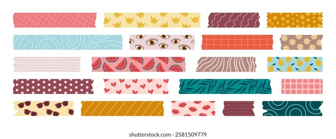 Set of isolated washi tape strips, sticky duct tapes, adhesive notes, and stickers. Various patterned elements with torn edges on white background. Vector collection of paper pieces for scrapbooking.