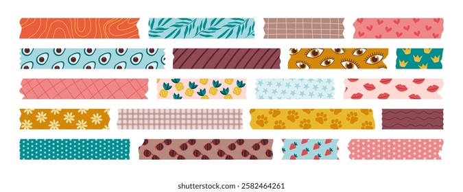 Set of isolated washi tape strips, sticky duct tapes, adhesive notes, stickers. Various patterned elements with ripped edges on a white background. Vector collection of paper pieces for scrapbooking.