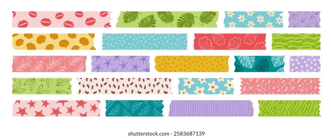 Set of isolated washi tape strips, sticky duct tapes, adhesive paper, and stickers. Various patterned elements with ripped edges on a white background. Vector collection for scrapbooking and collages.