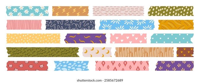 Set of isolated washi tape strips, sticky duct tapes, adhesive notes, stickers. Patterned elements with ripped edges on a white background. Vector collection of torn paper pieces for scrapbooking.