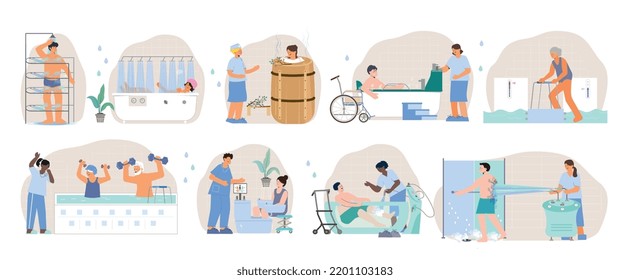 Fijado con procedimientos de agua aislados composiciones terapéuticas de imágenes planas con escenas de médicos y pacientes ilustración vectorial