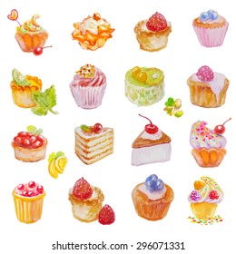 Set of isolated watercolor cakes